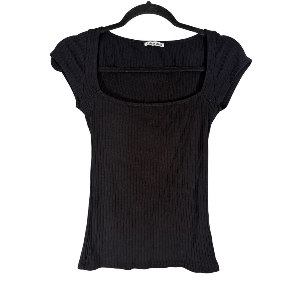Reformation Womens Black Ribbed Square Neck Short Sleeve Top Size S